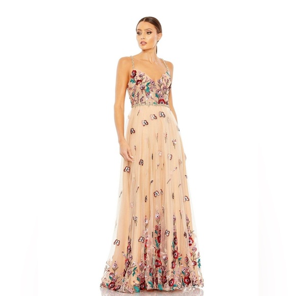 Mac Duggal Nude/Multi Embellished Floral Detail A Line Gown - Picture 1 of 17